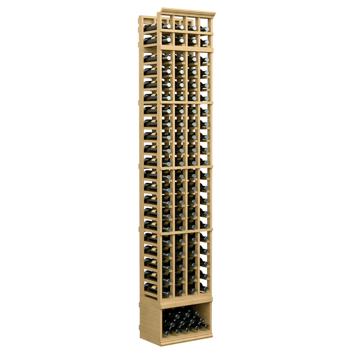 Wood wine bottle rack with 4 columns, front grid, and bottom tray; light tan finish.