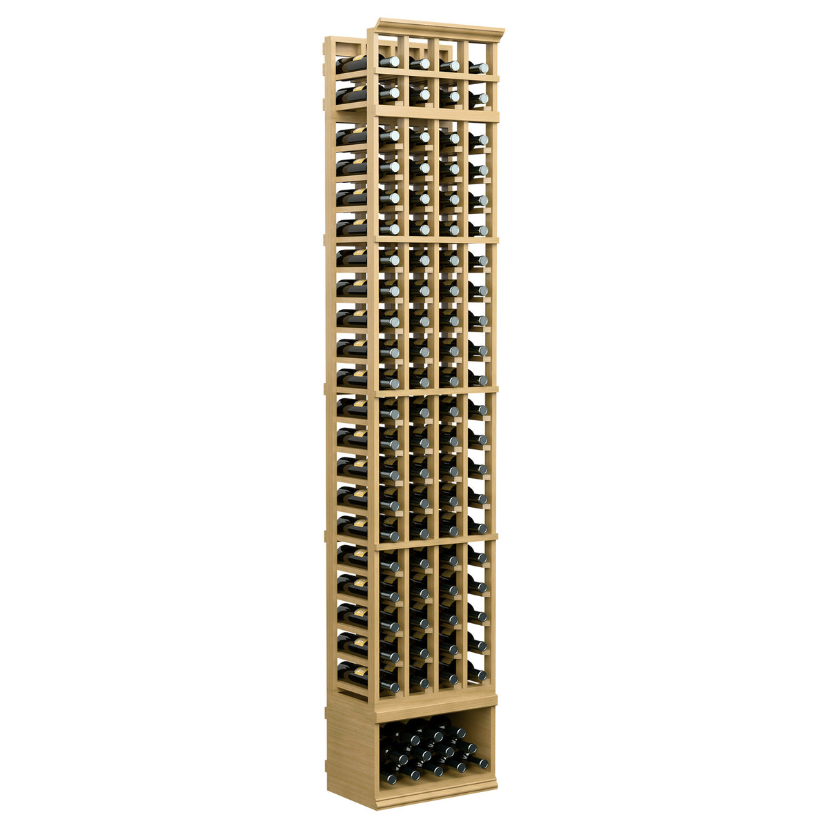 Wood wine bottle rack with 4 columns, front grid, and bottom tray; warm light wood finish.