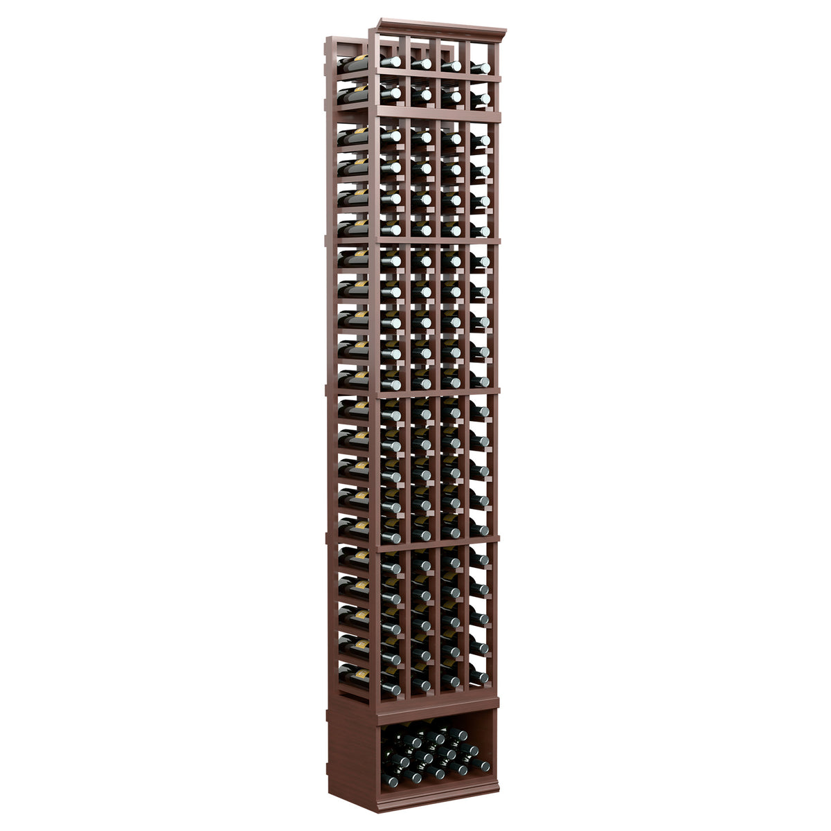 Wood wine bottle rack with 4 columns, front grid, and bottom tray; deep espresso brown finish.