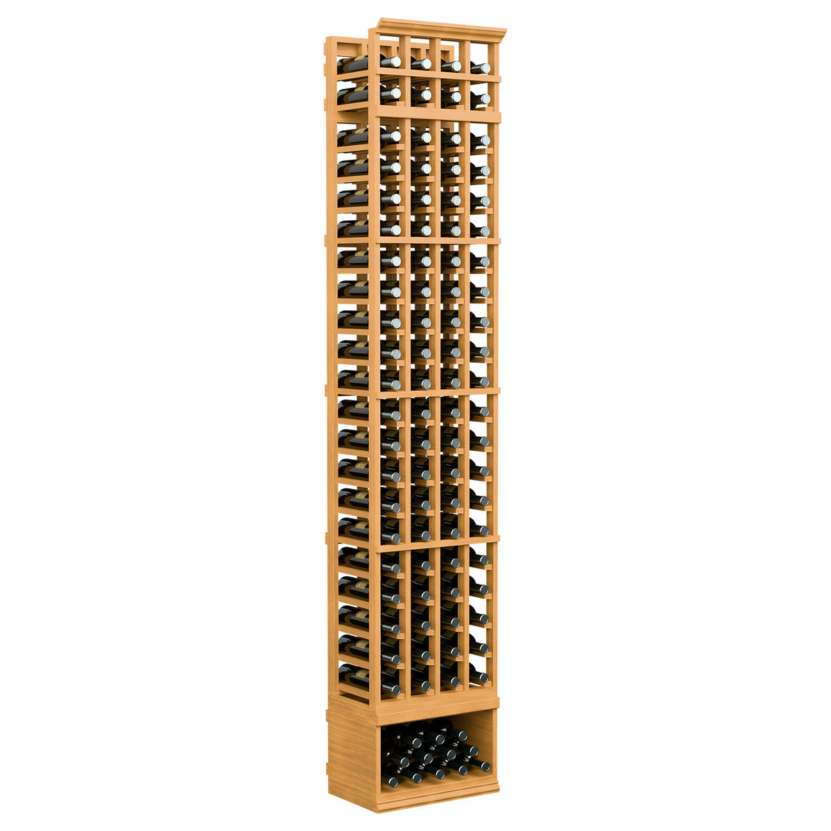 Wood wine bottle rack with 4 columns, front grid, and bottom tray; golden wheat finish.