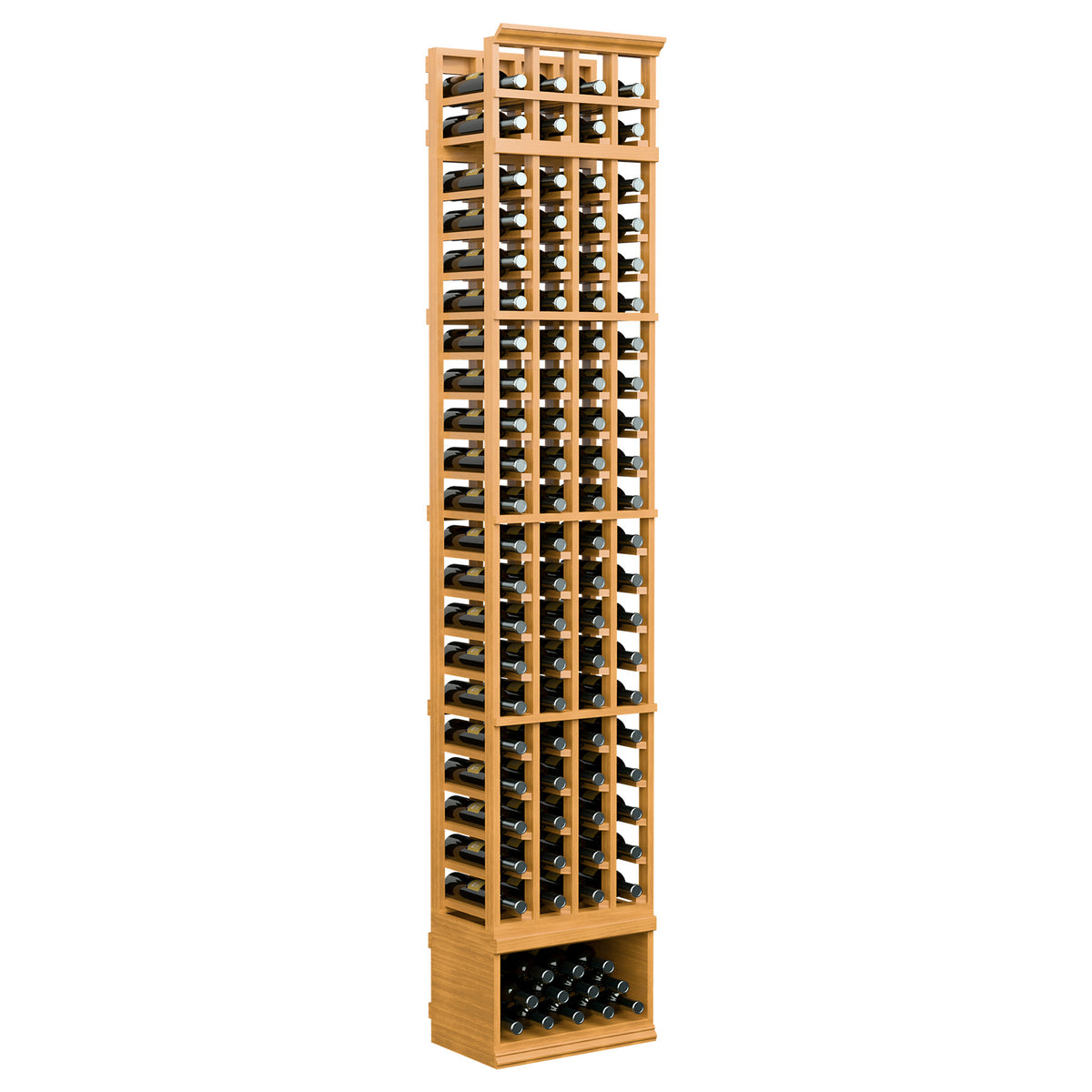 Wood wine bottle rack with 4 columns, front grid, and bottom tray; light golden wood finish.