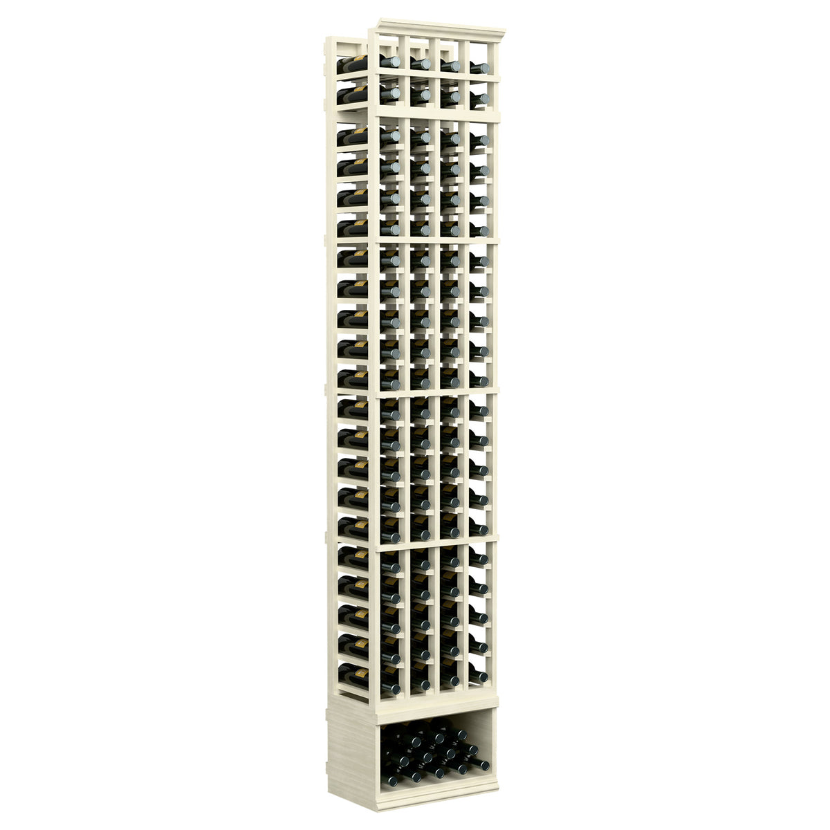 Wood wine bottle rack with 4 columns, front grid, and bottom tray; pale white wood finish.