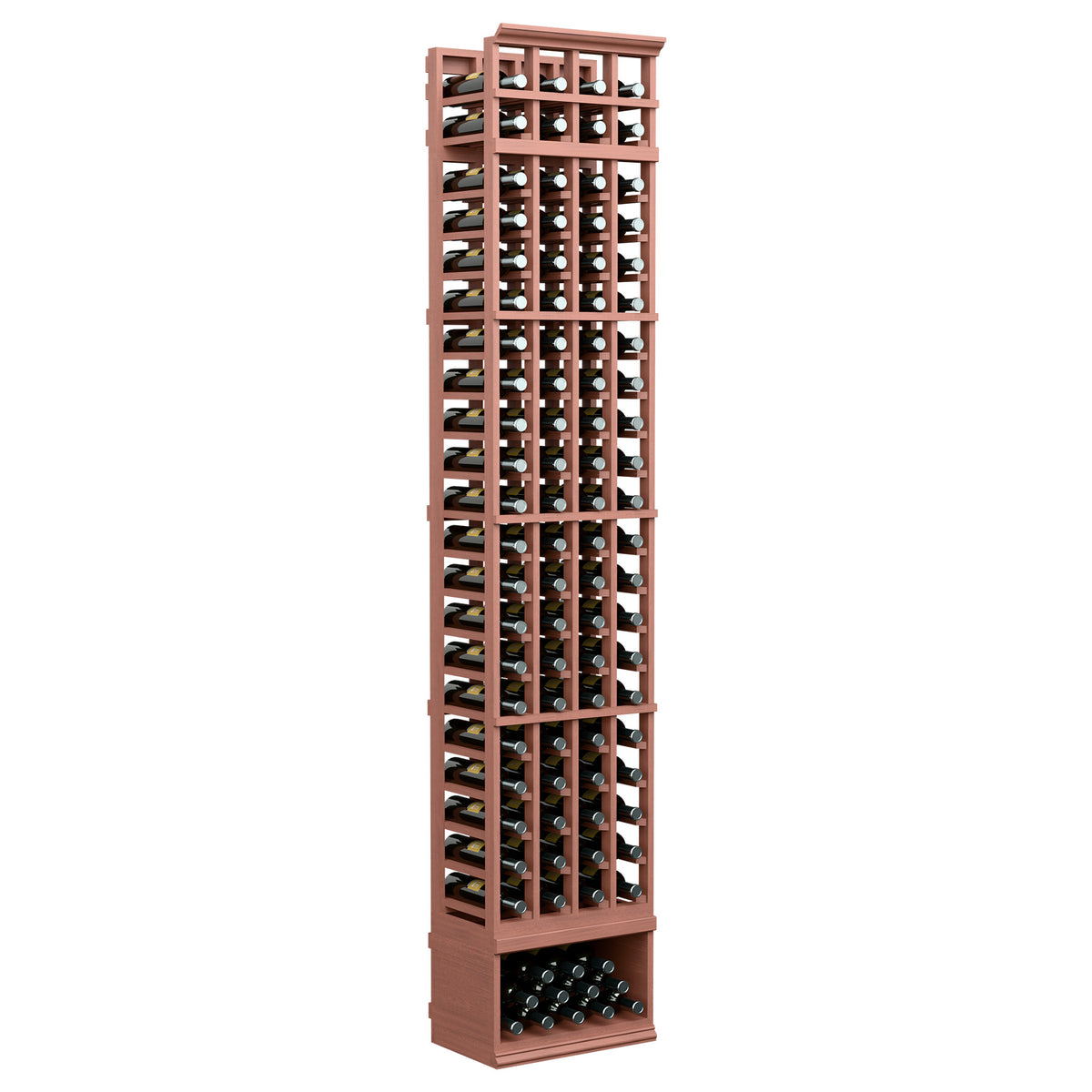 4-column 8ft wine bottle rack, reddish wood frame with bottle holders