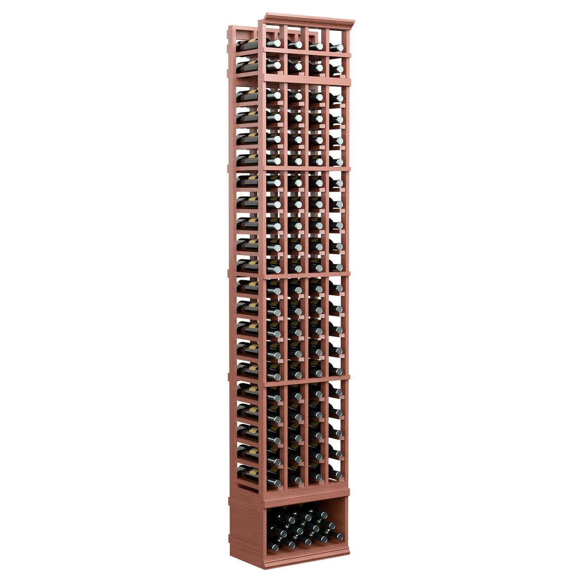 4-column 8ft wine bottle rack, medium reddish frame with bottle holders