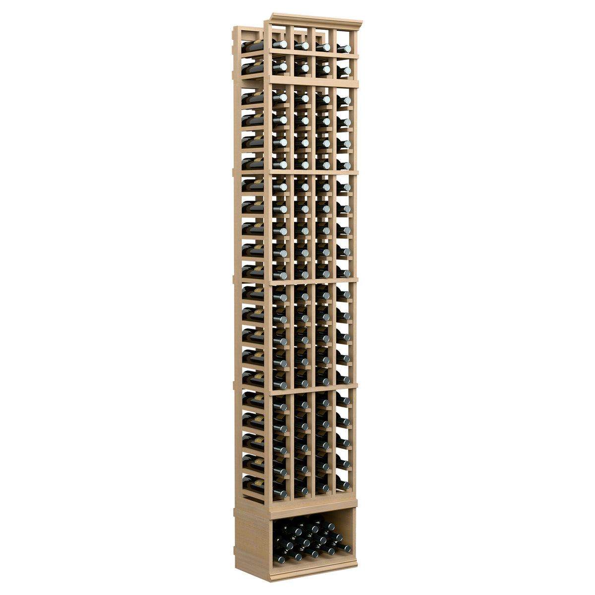 4-column 8ft wine bottle rack, light wood frame with bottle holders