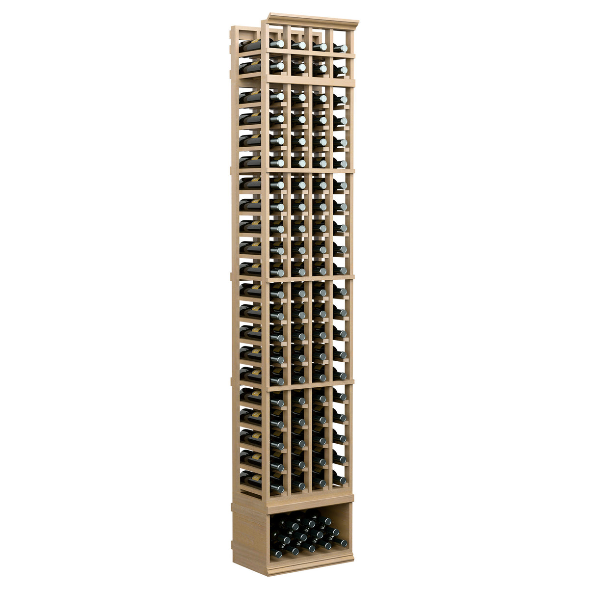 4-column 8ft wine bottle rack, pale light wood frame with bottle holders
