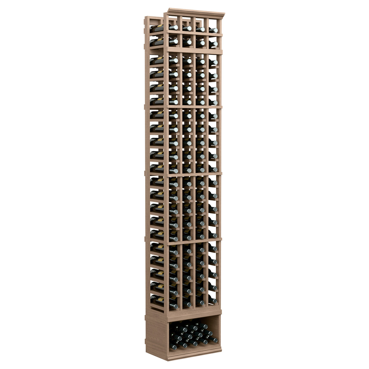 4-column 8ft wine bottle rack, light tan wood frame with bottle holders