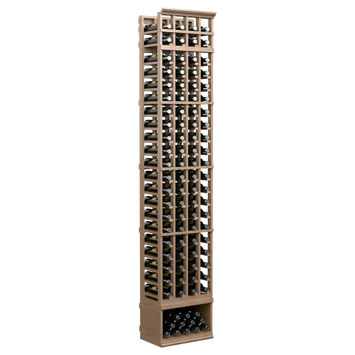 4-column 8ft wine bottle rack, light wood frame with bottle holders