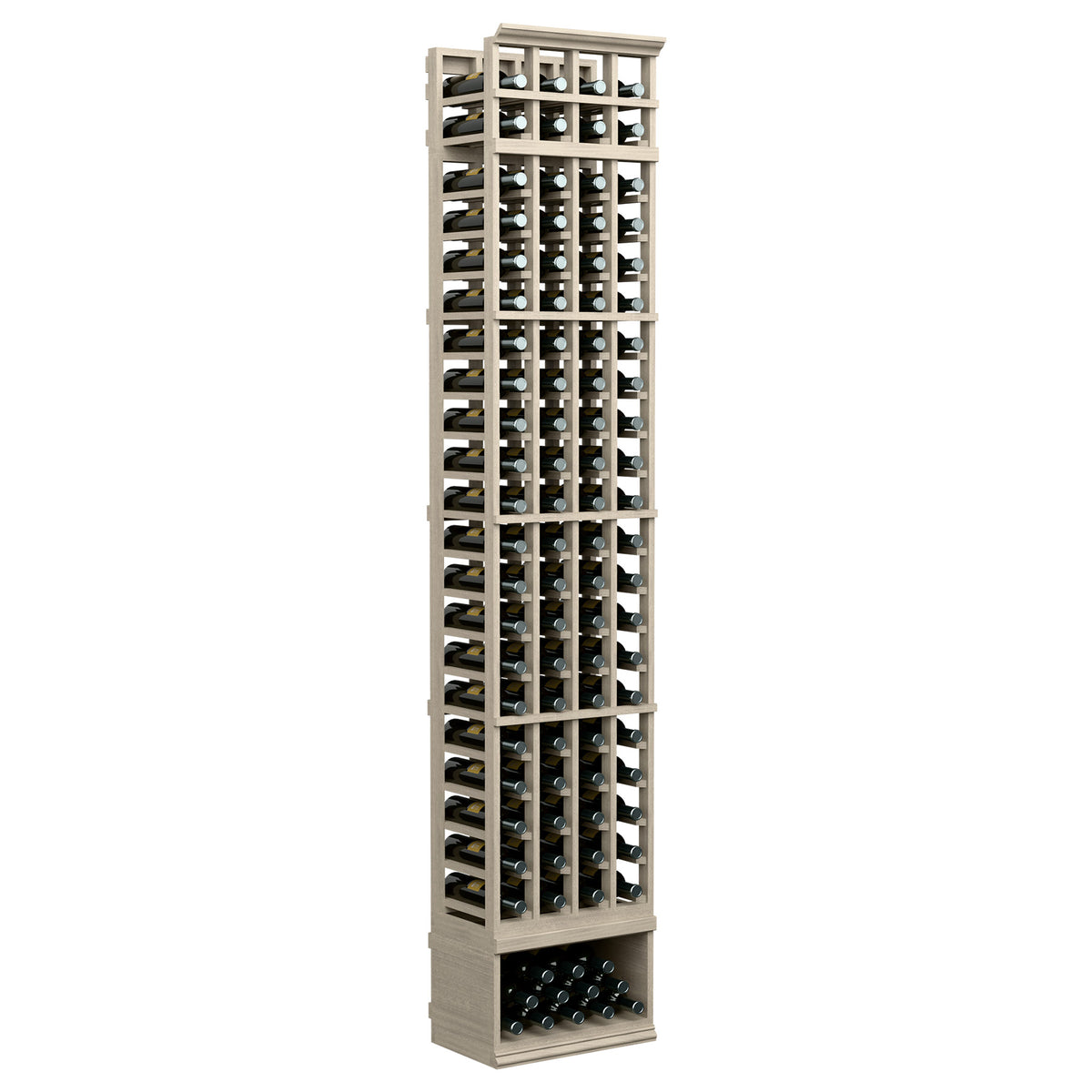 Light wood 4-column wine bottle rack, 8-foot tall, front view with bottle holders