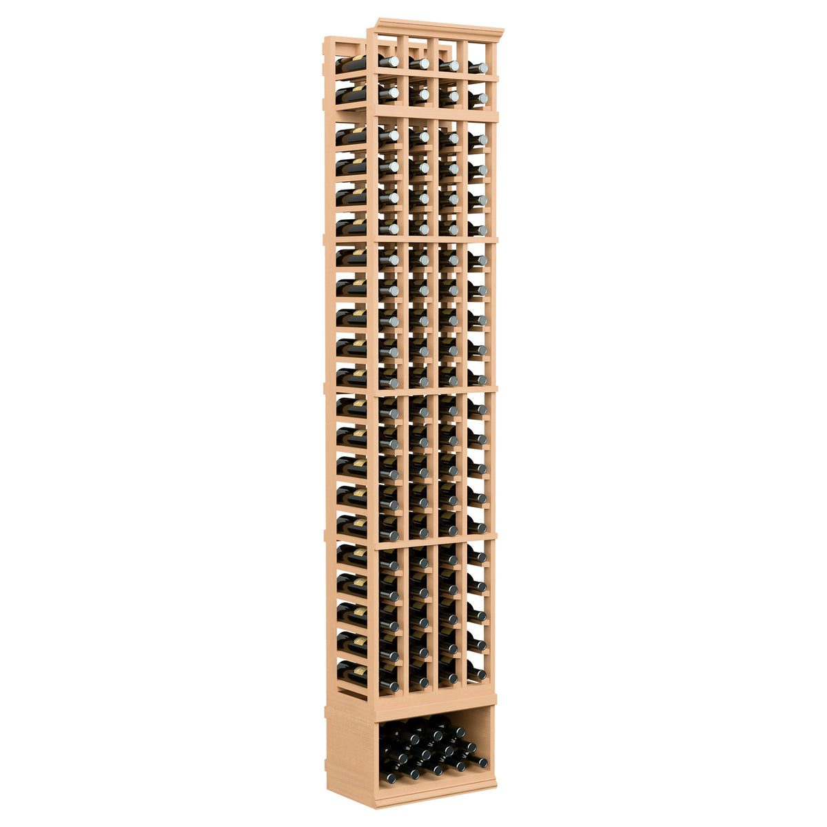 Natural wood 4-column wine bottle rack, 8-foot tall, front view with bottle holders