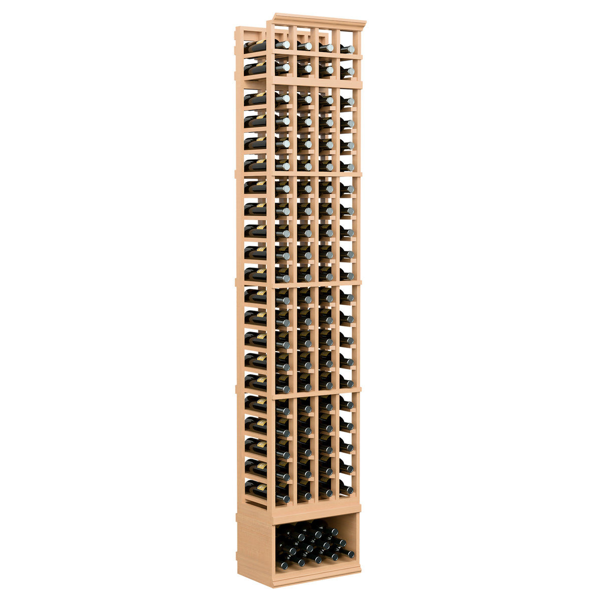 Natural wood 4-column wine bottle rack, 8-foot tall, bottle slots with bottom rack