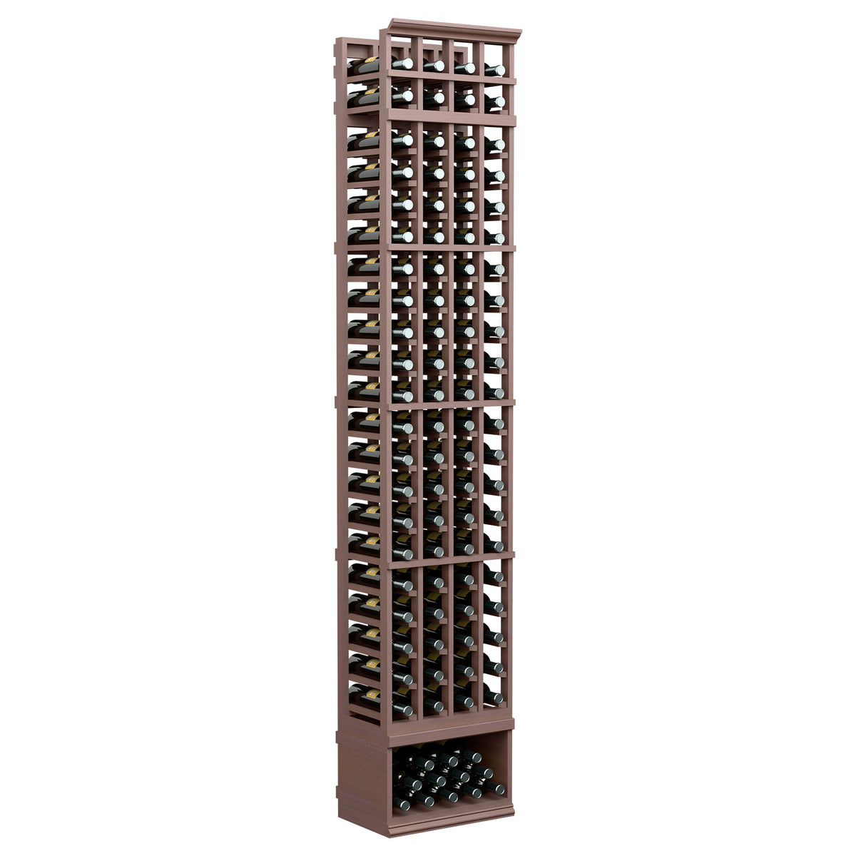 Dark wood 4-column wine bottle rack, 8-foot tall, front view with bottle holders