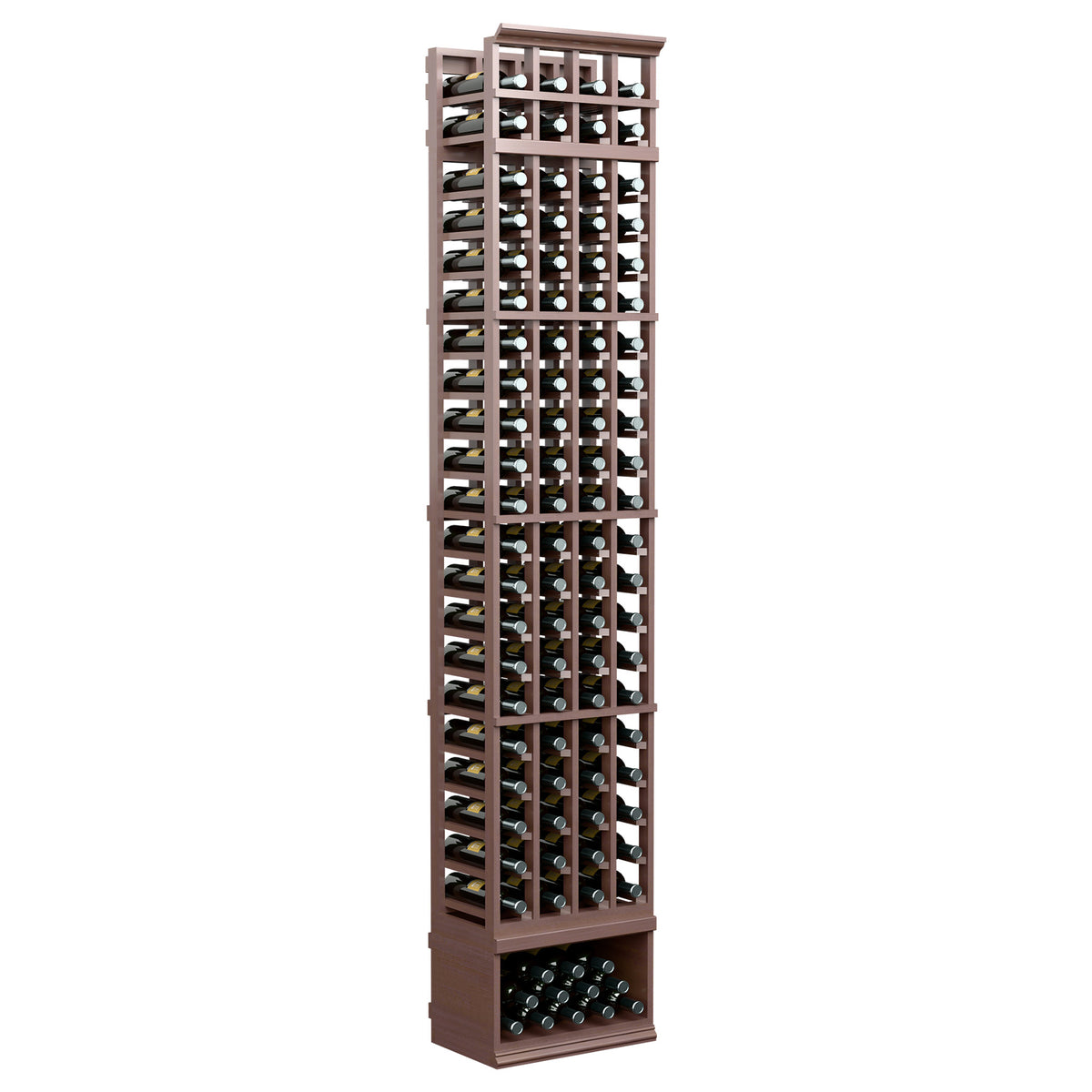 Dark wood 4-column wine bottle rack, 8-foot tall, filled bottle slots and base tray