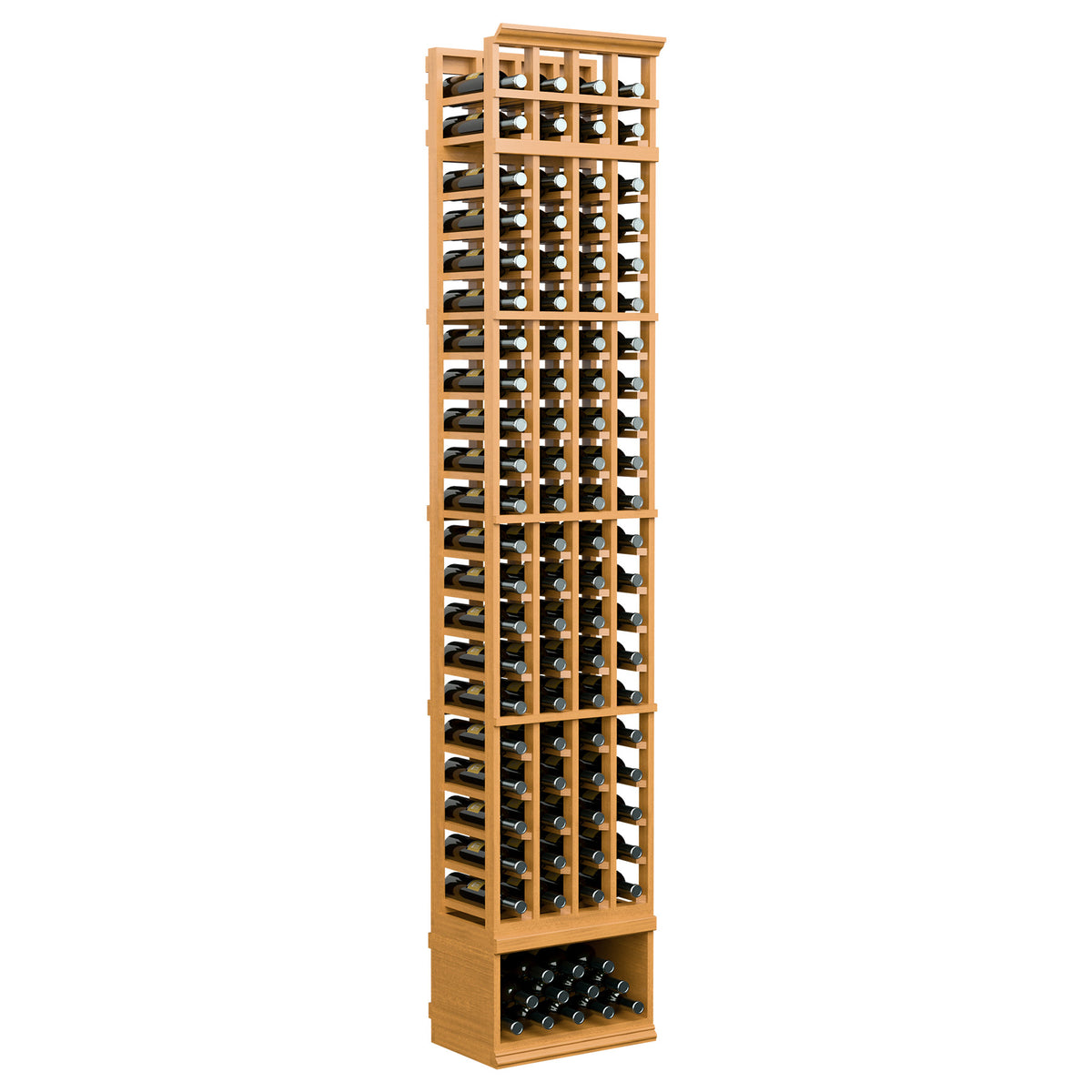 Medium wood 4-column wine bottle rack, 8-foot tall, bottle slots and lower storage tray