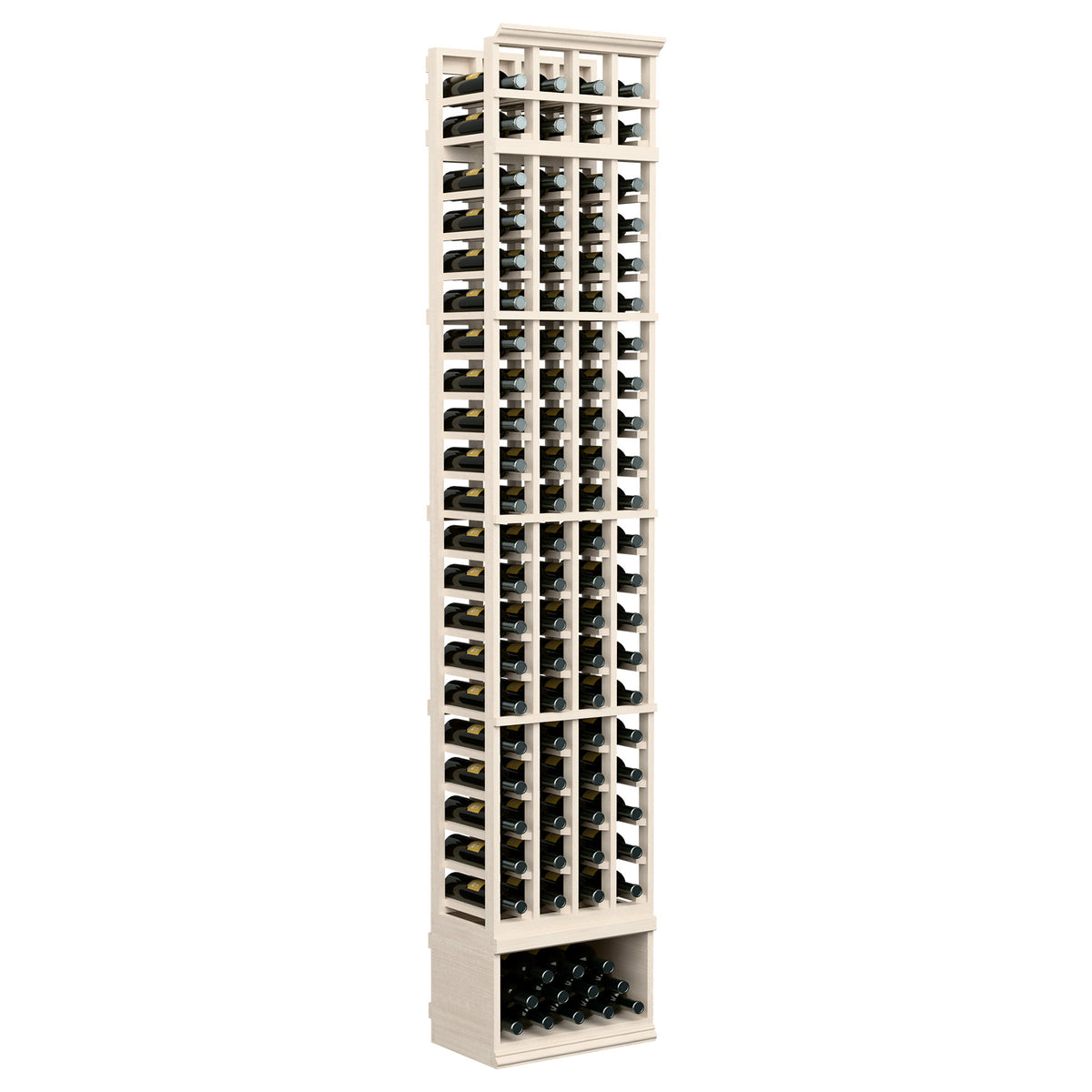 Light wood 4-column wine bottle rack, 8-foot tall, front view with bottle holder grid