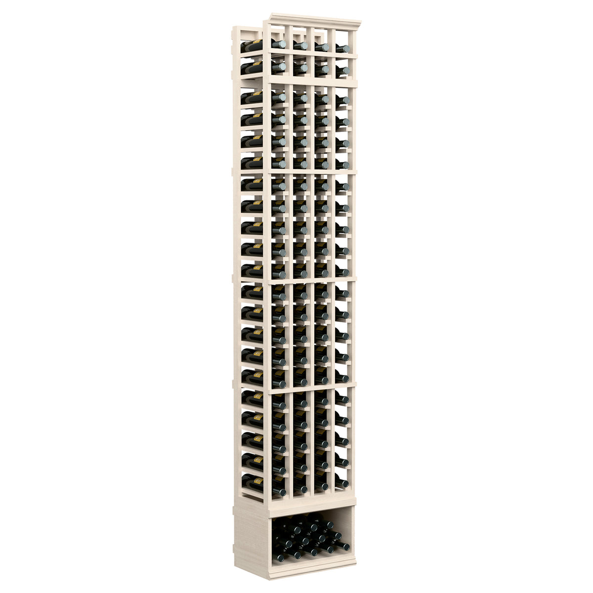 Light wood 4-column wine bottle rack, 8-foot tall, filled bottle slots and base rack