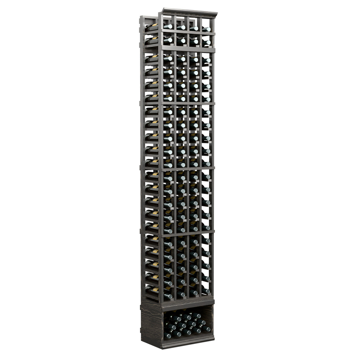 4-column wine bottle storage rack with dark charcoal frame and lower bottle shelf