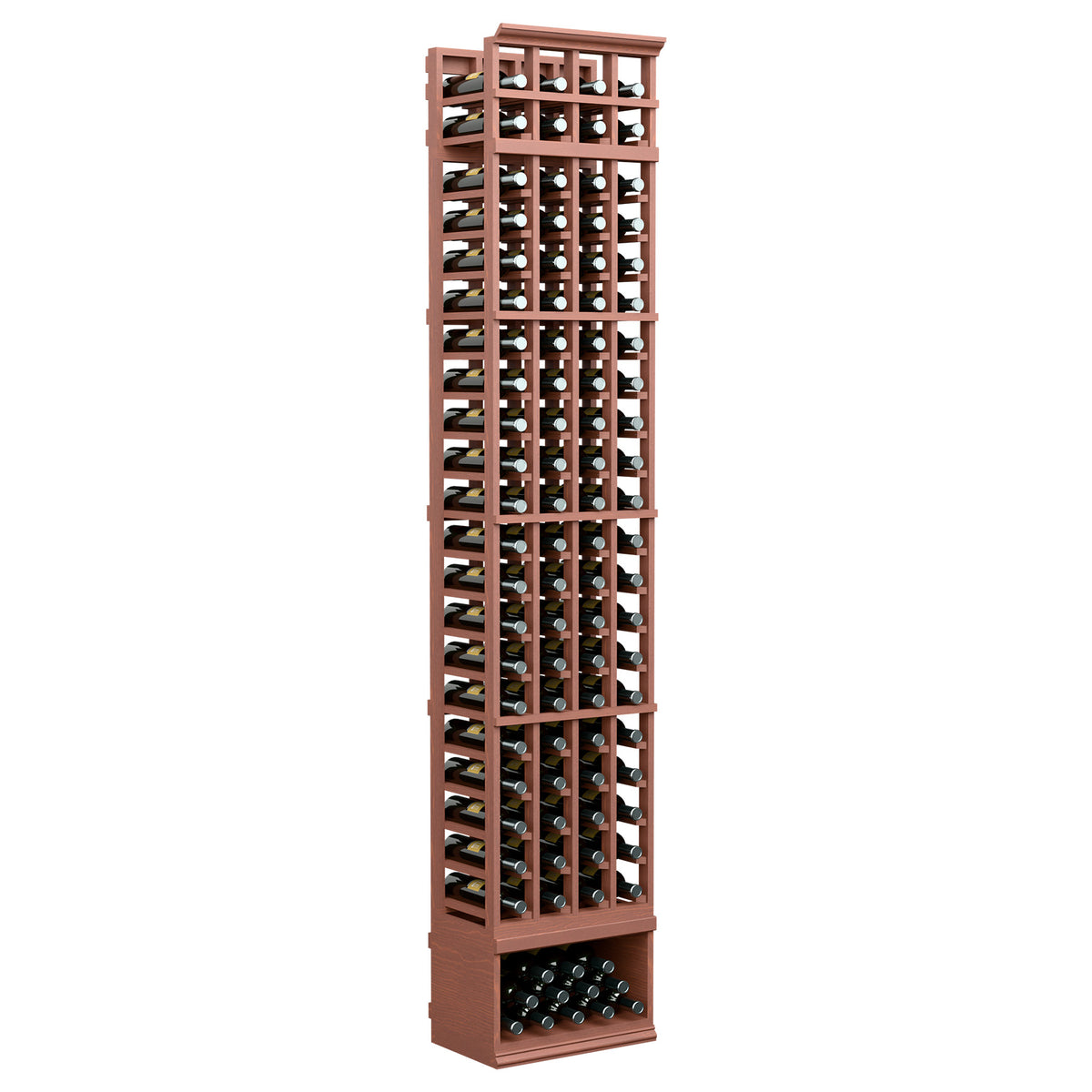 4-column wine bottle storage rack with reddish-brown wood frame and front bottle cells