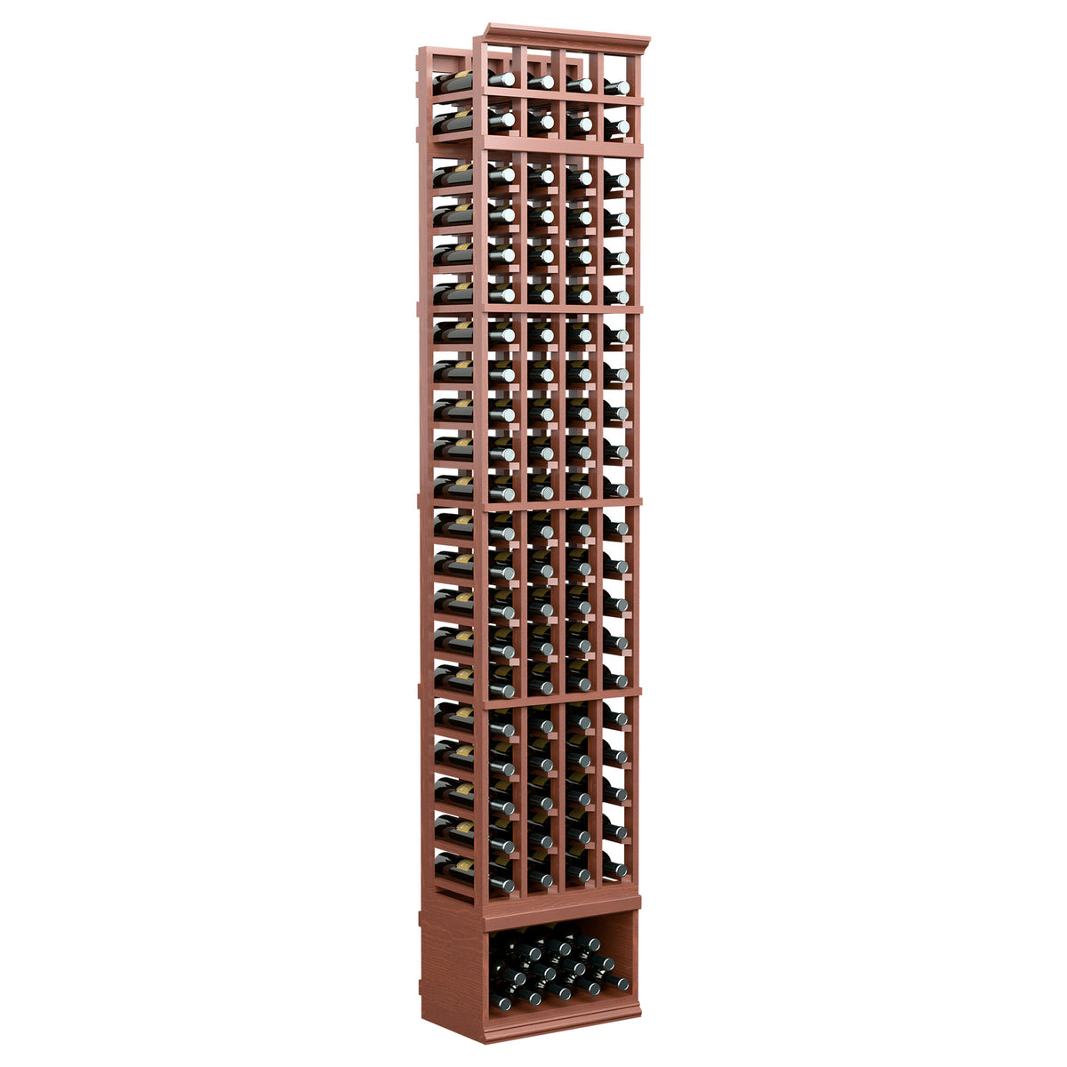 4-column wine bottle storage rack with warm brown wood frame and bottom bottle section