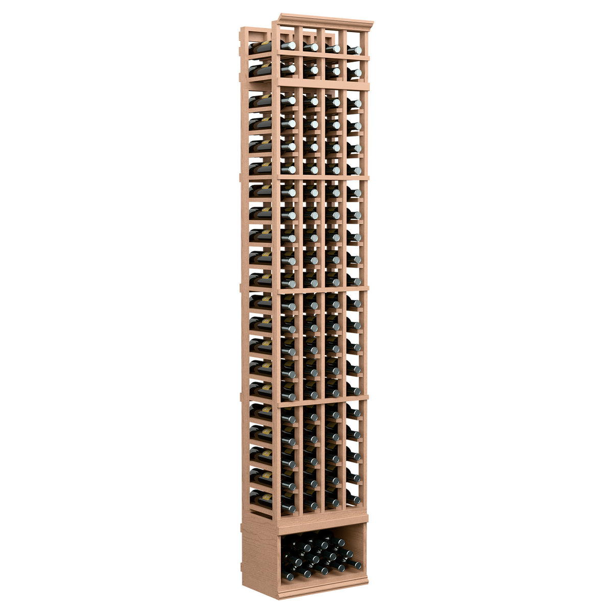 4-column wine bottle storage rack with light brown wood frame and front wine bottle rows