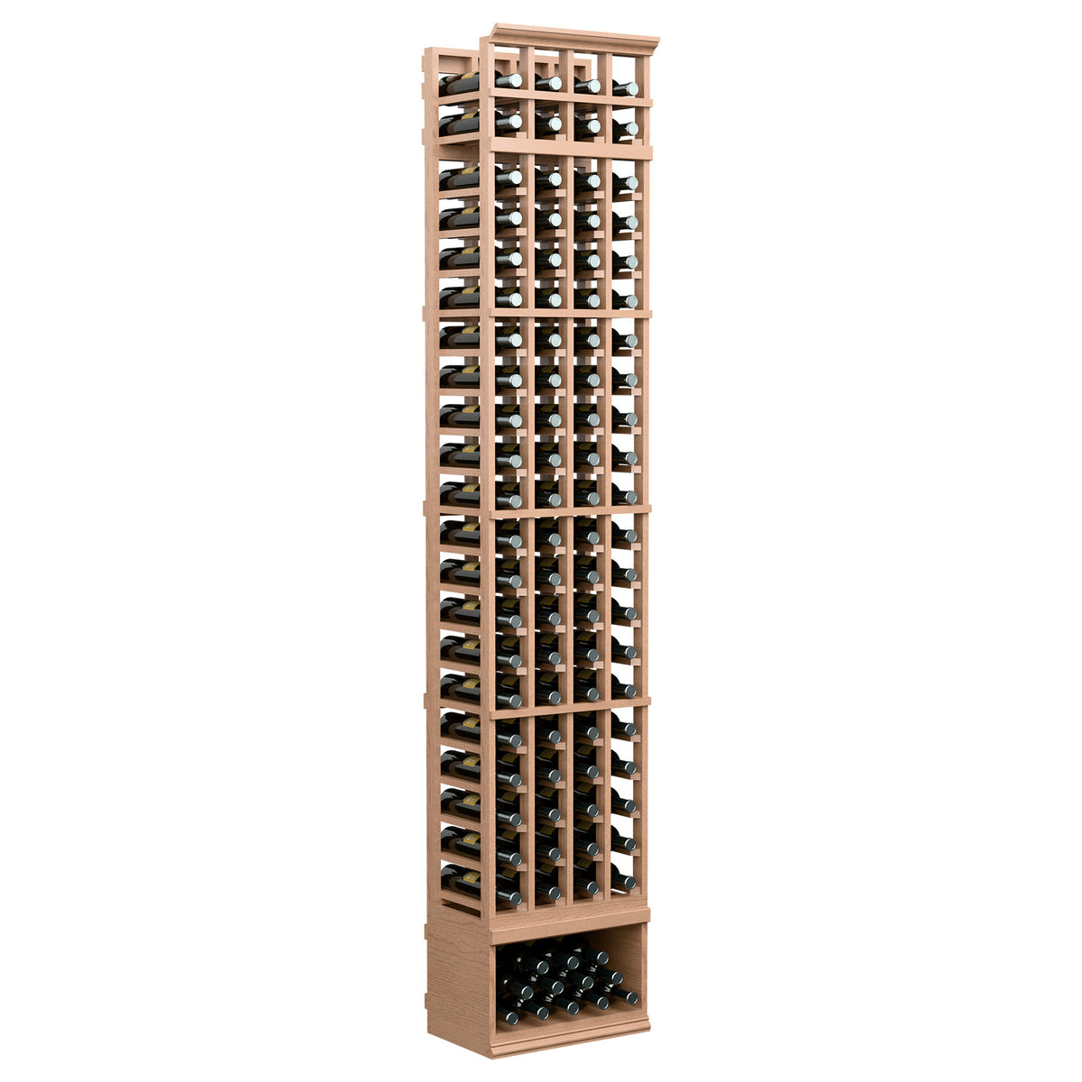 4-column wine bottle storage rack with pale wood frame and lower wine bottle shelf