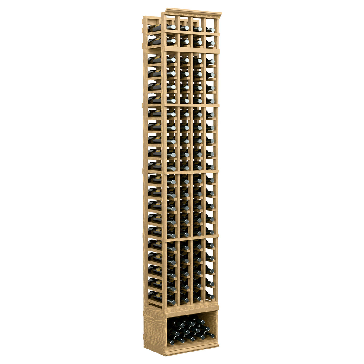 4-column wine bottle storage rack with natural light wood frame and front bottle compartments