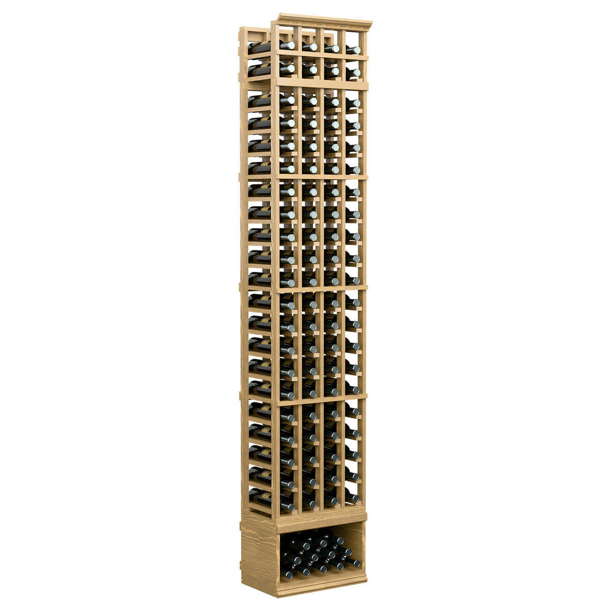 4-column wine bottle storage rack with honey-colored wood frame and lower bottle tray