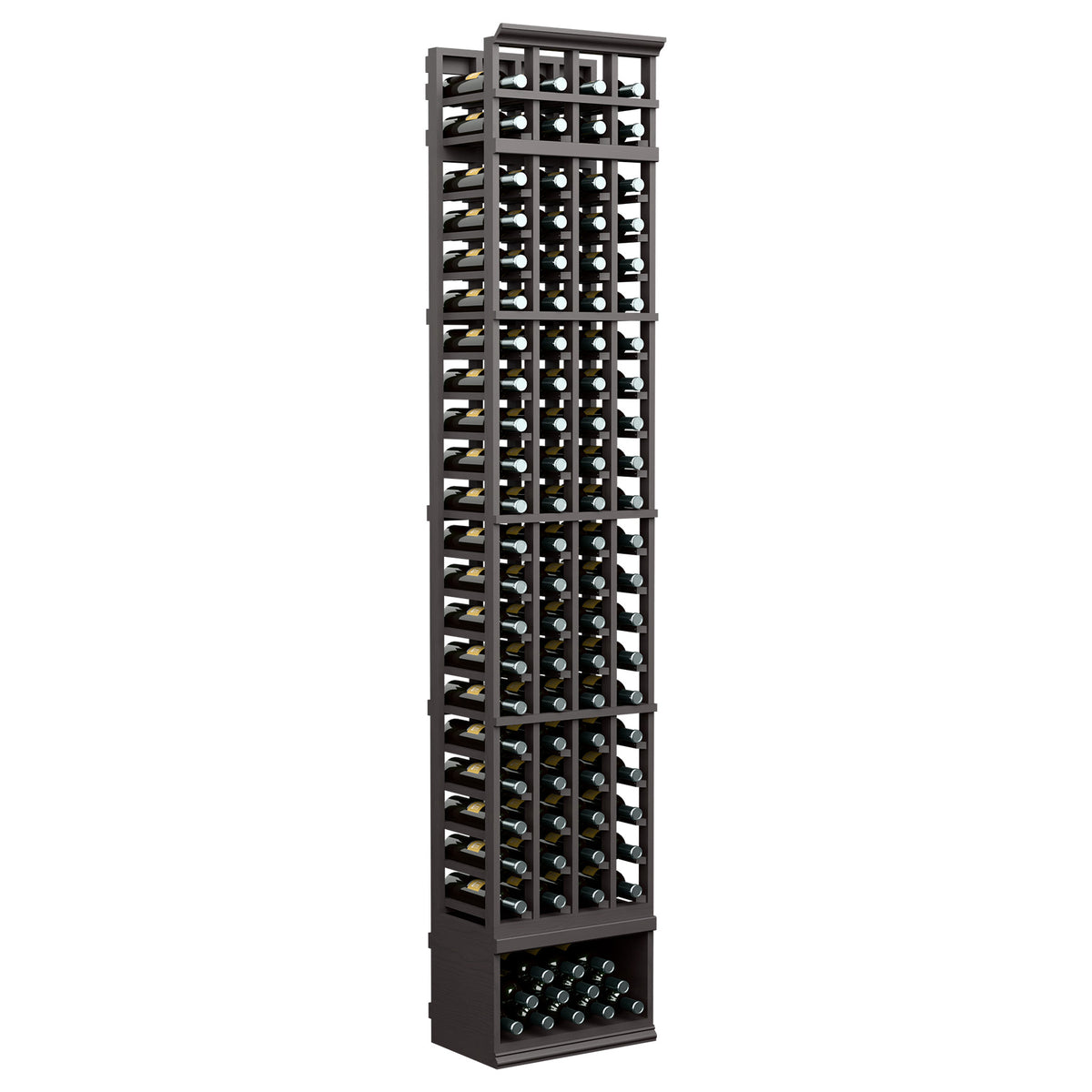 4-column wine bottle storage rack with dark gray frame and square bottle grid