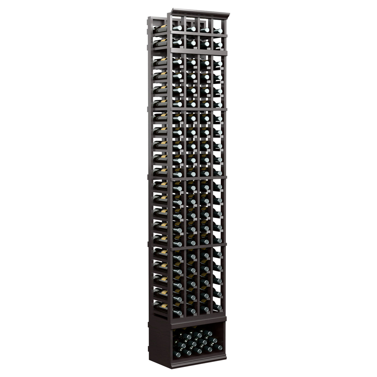 4-column wine bottle storage rack with dark charcoal wood-and-metal frame