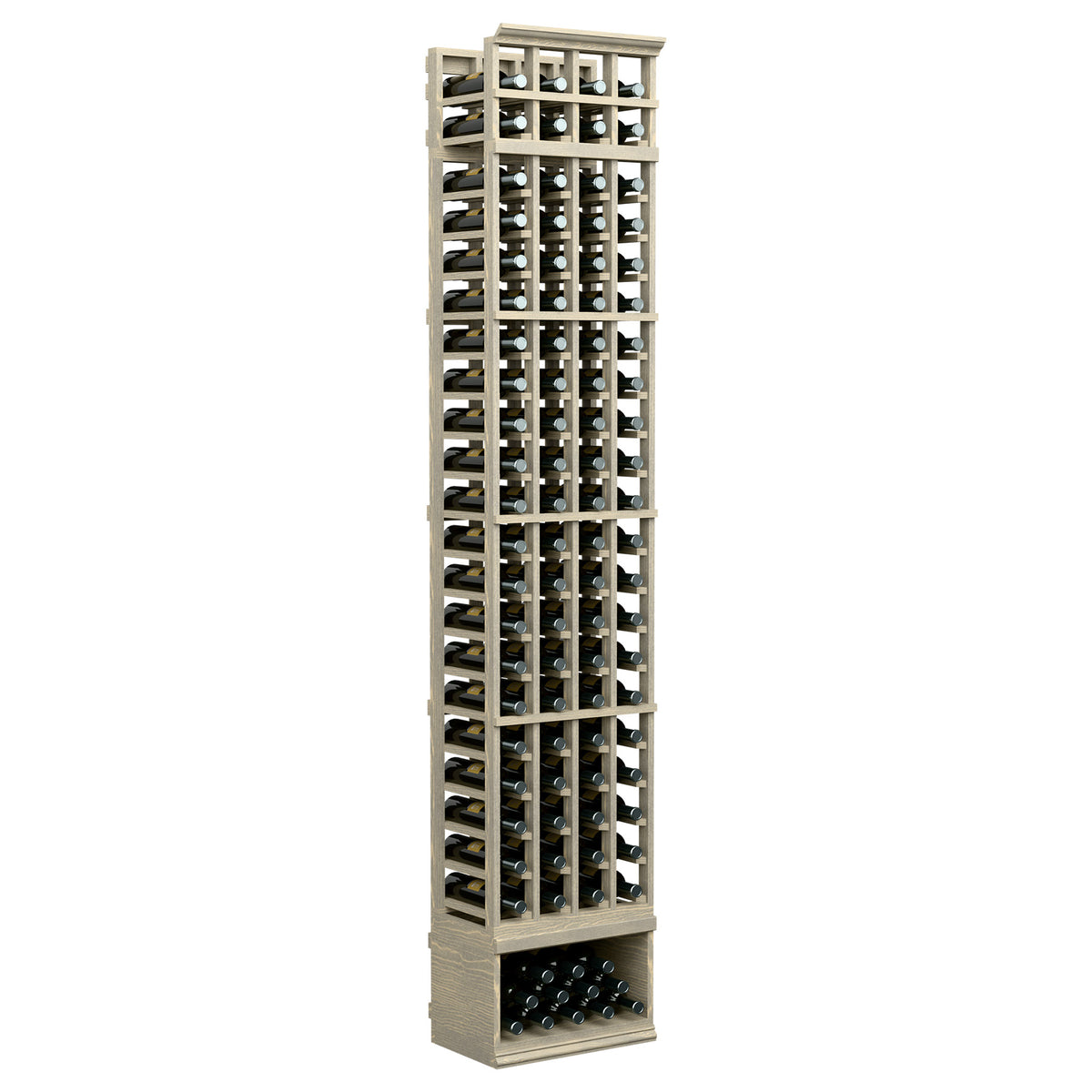 8 ft 4-column wine rack with light wood frame and front bottle slots