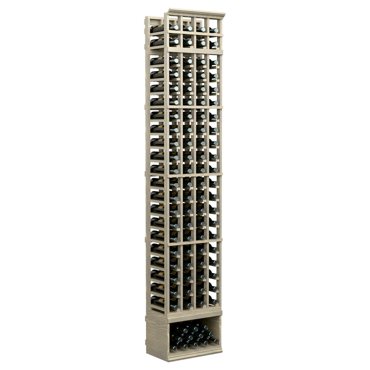 8 ft 4-column wine rack with light wood frame and grid bottle storage