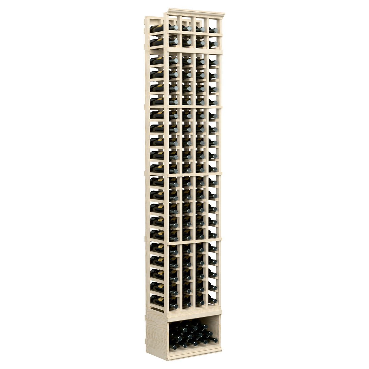 8 ft 4-column wine rack with light wood frame and square bottle openings