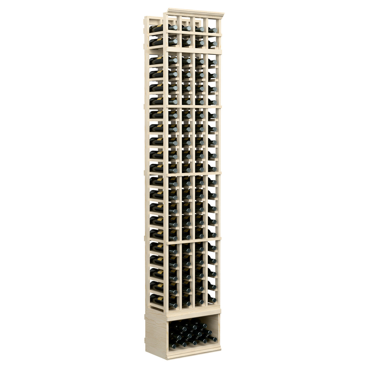 8 ft 4-column wine rack with light wood frame and lower bottle storage shelf