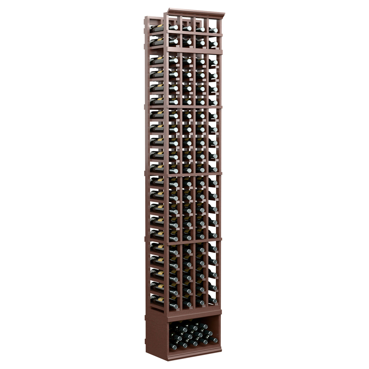 8 ft 4-column wine rack with dark brown frame and grid bottle storage