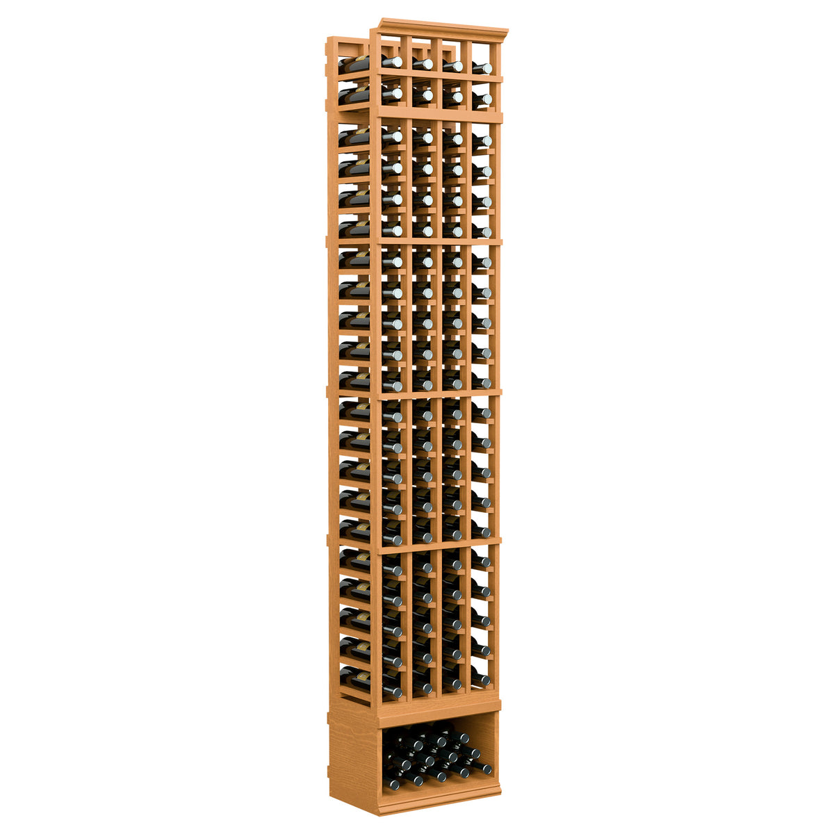 8 ft 4-column wine rack with warm natural wood frame and front bottle slots