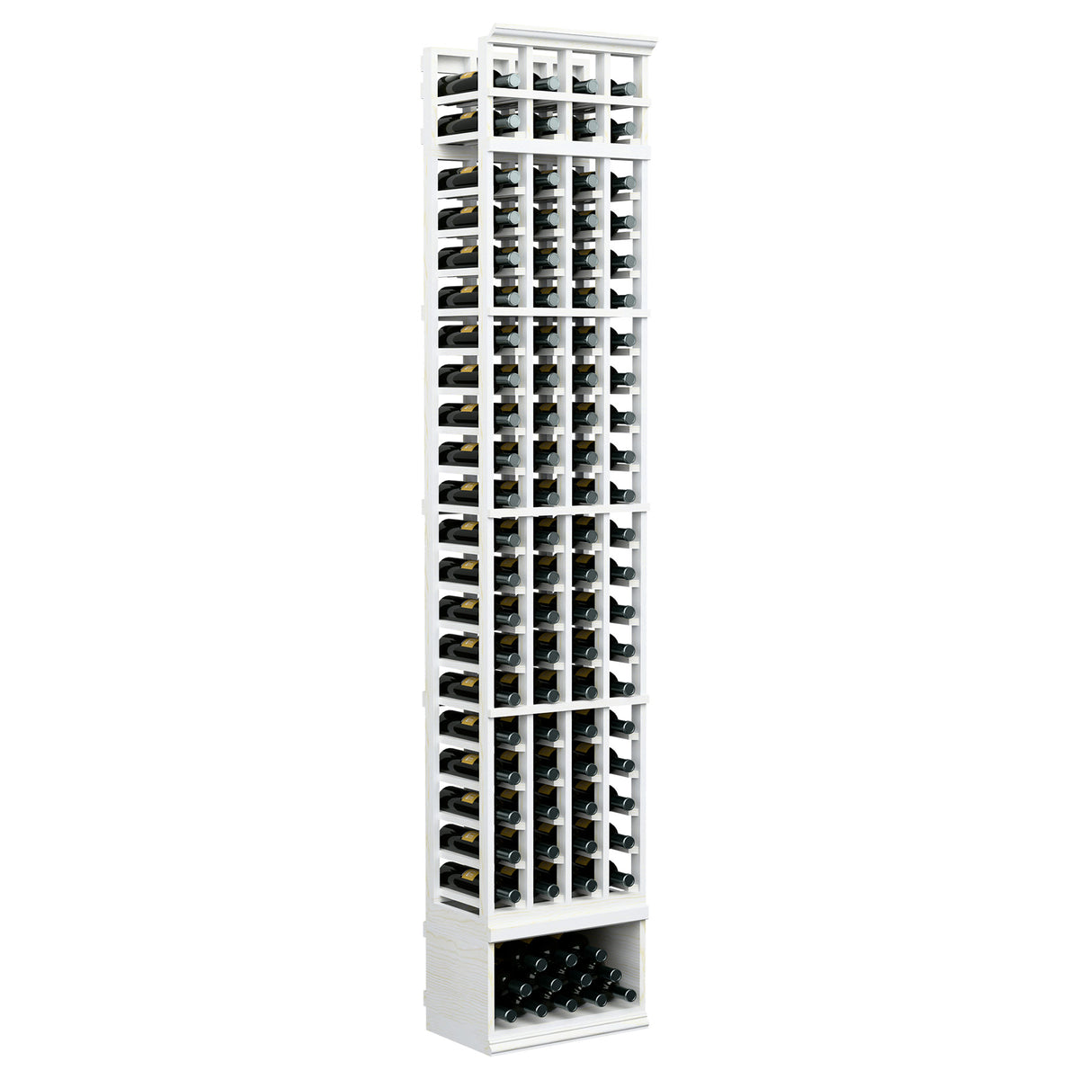 8 ft 4-column wine rack with white frame and front bottle slots