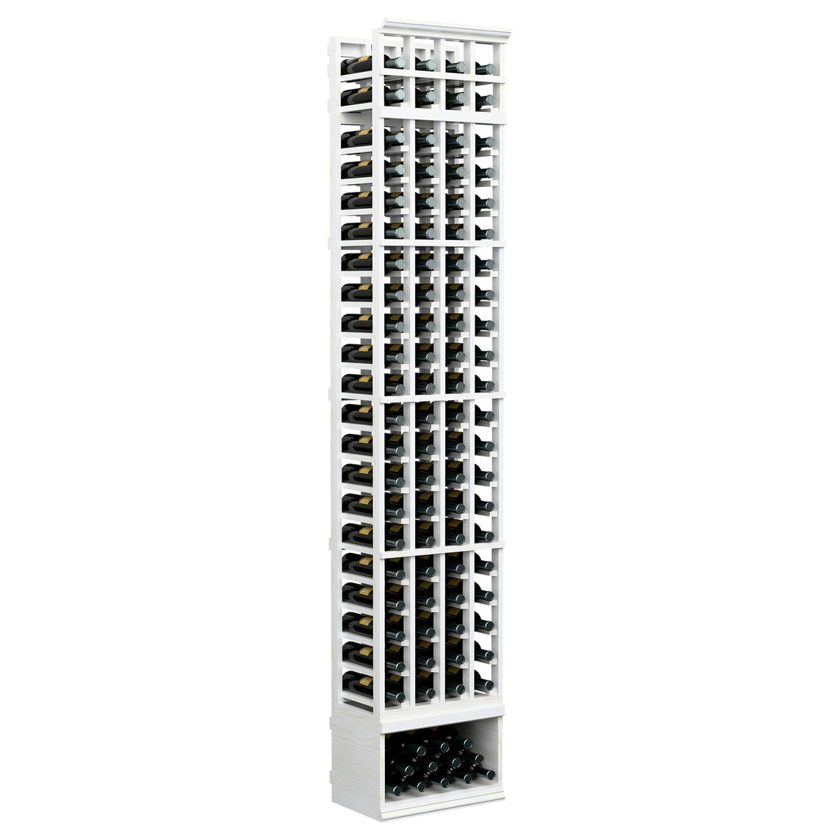 8 ft 4-column wine rack with white frame and grid bottle storage