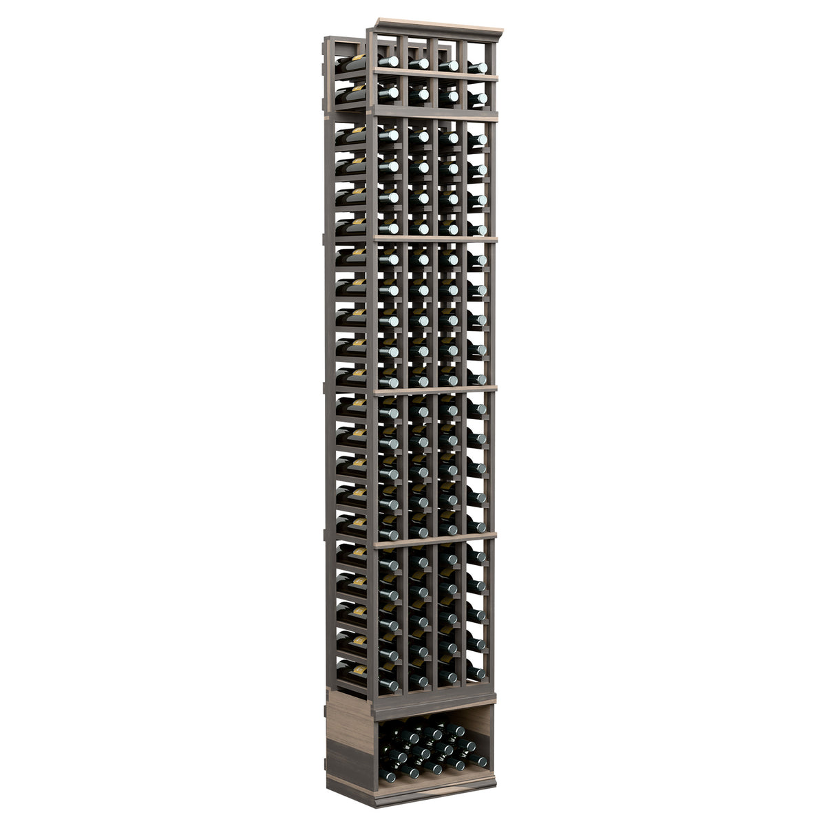 4-column wine bottle rack with dark frame and grid storage shelves, 8ft tall