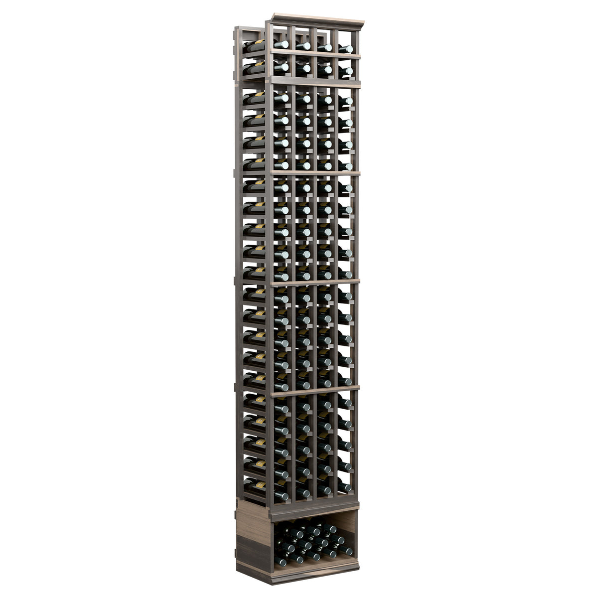 4-column wine bottle rack with dark frame, open grid rows, 8ft tall