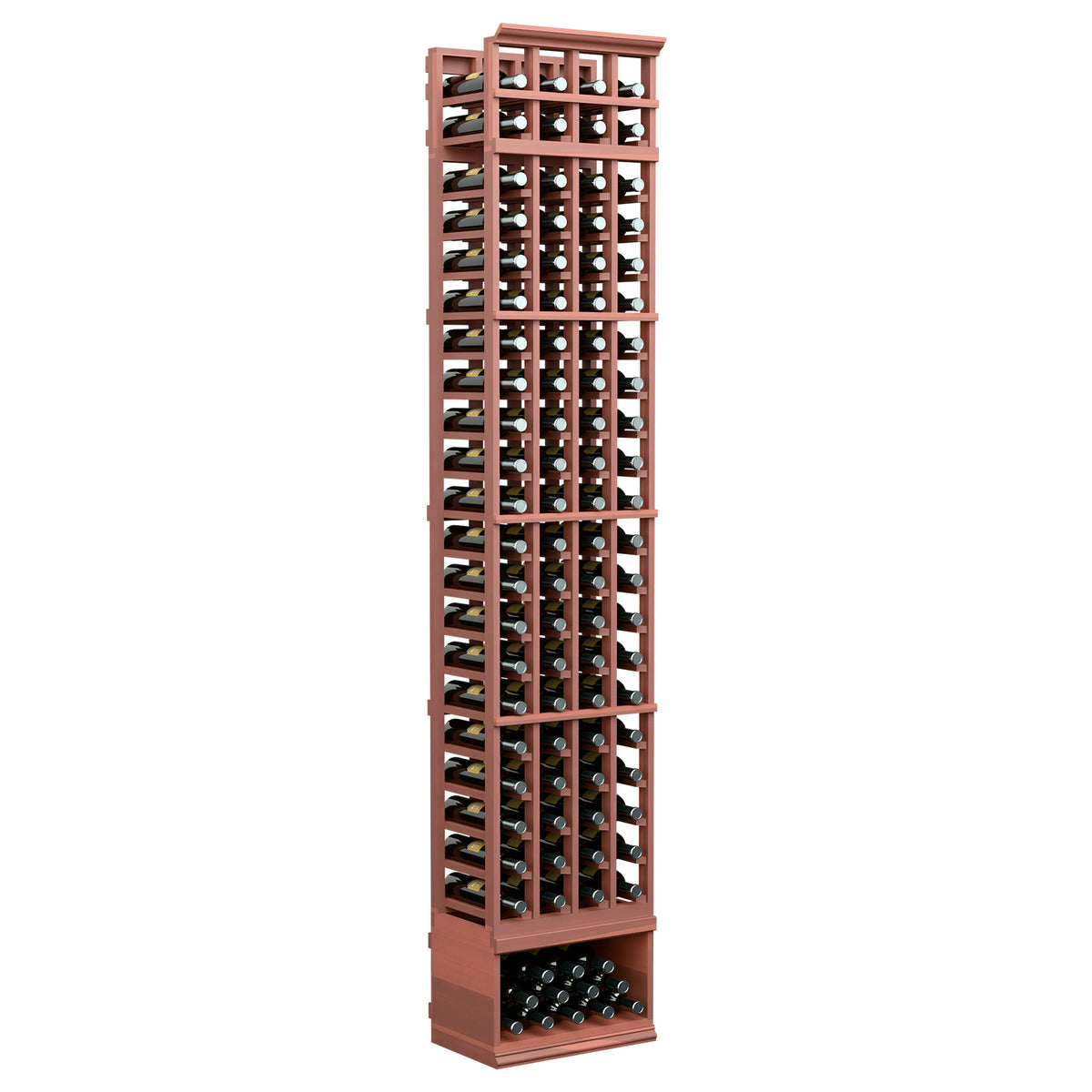 4-column wine bottle rack with reddish-brown frame and open grid rows, 8ft tall