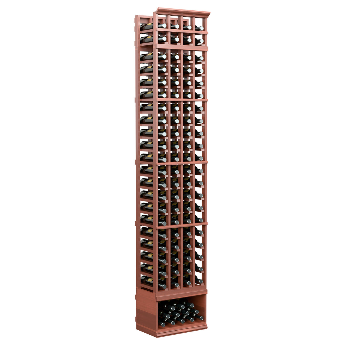 4-column wine bottle rack with reddish-brown frame and bottle slots, 8ft tall