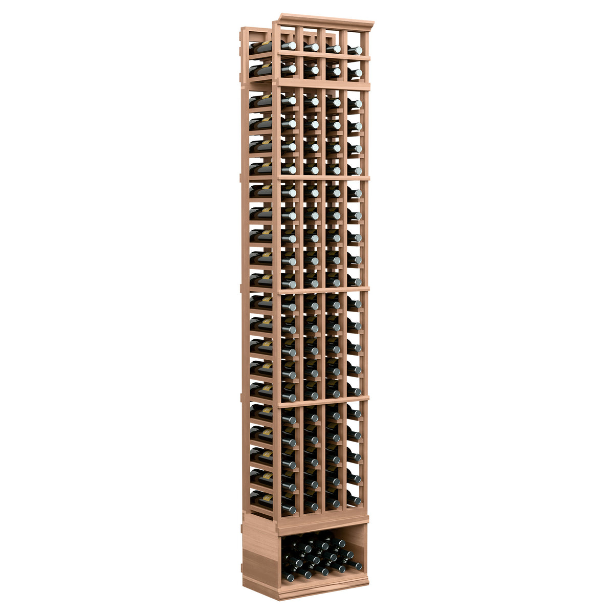 4-column wine bottle rack with light wood frame and open grid rows, 8ft tall