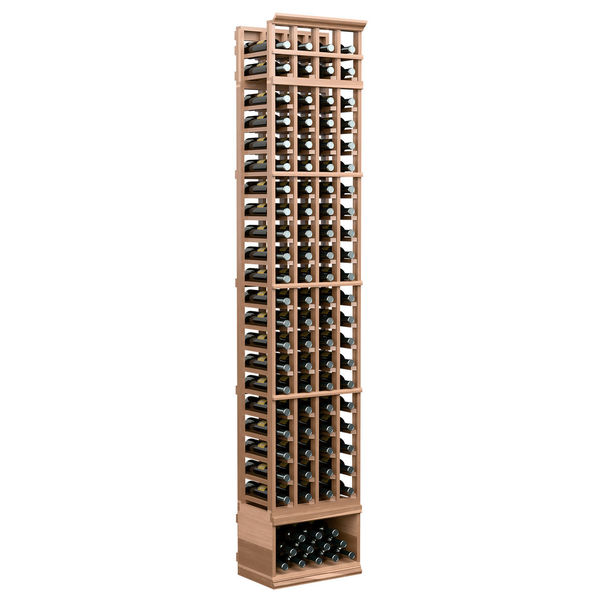 4-column wine bottle rack with natural wood frame and bottle slots, 8ft tall