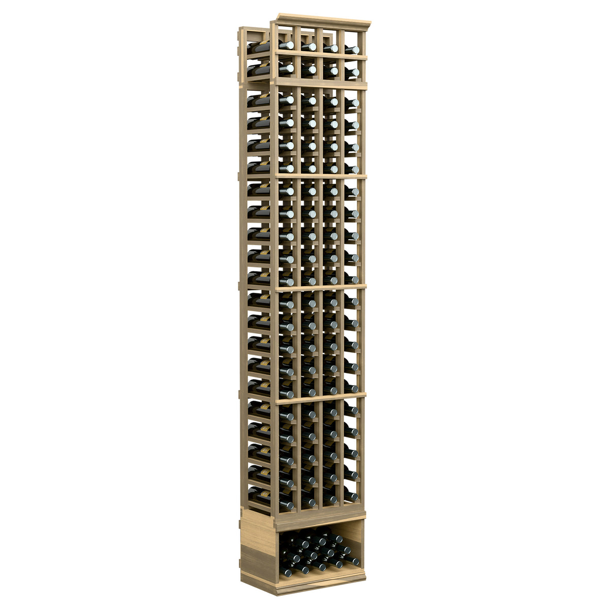 4-column wine bottle rack with light wood frame and grid storage, 8ft tall