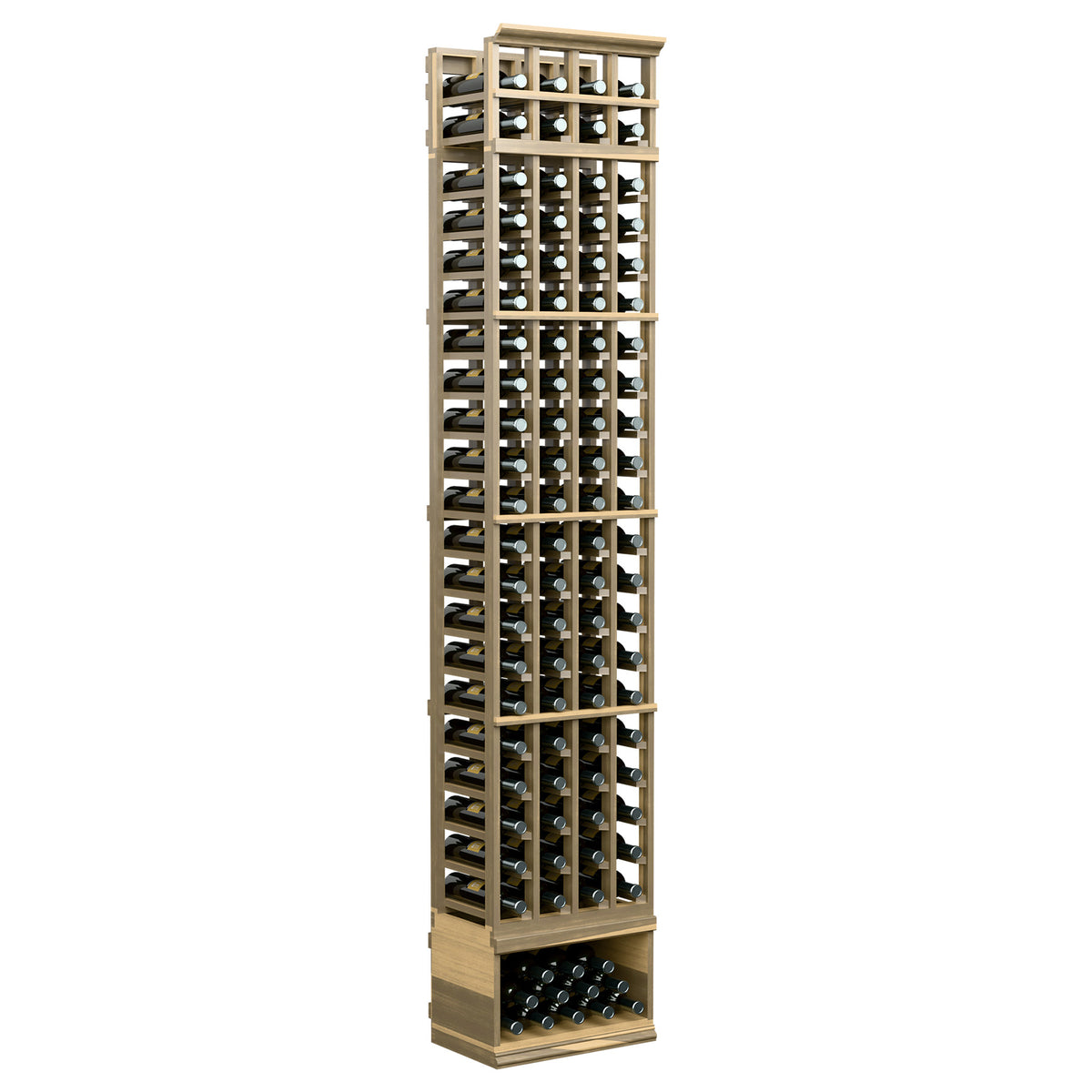 4-column wine bottle rack with light wood frame and bottle rows, 8ft tall