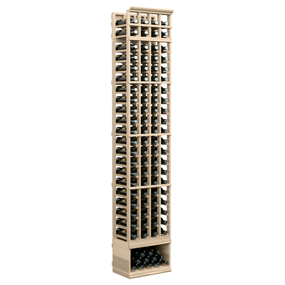 Light wood 4-column wine bottle rack with open grid slots and bottom bottle tray