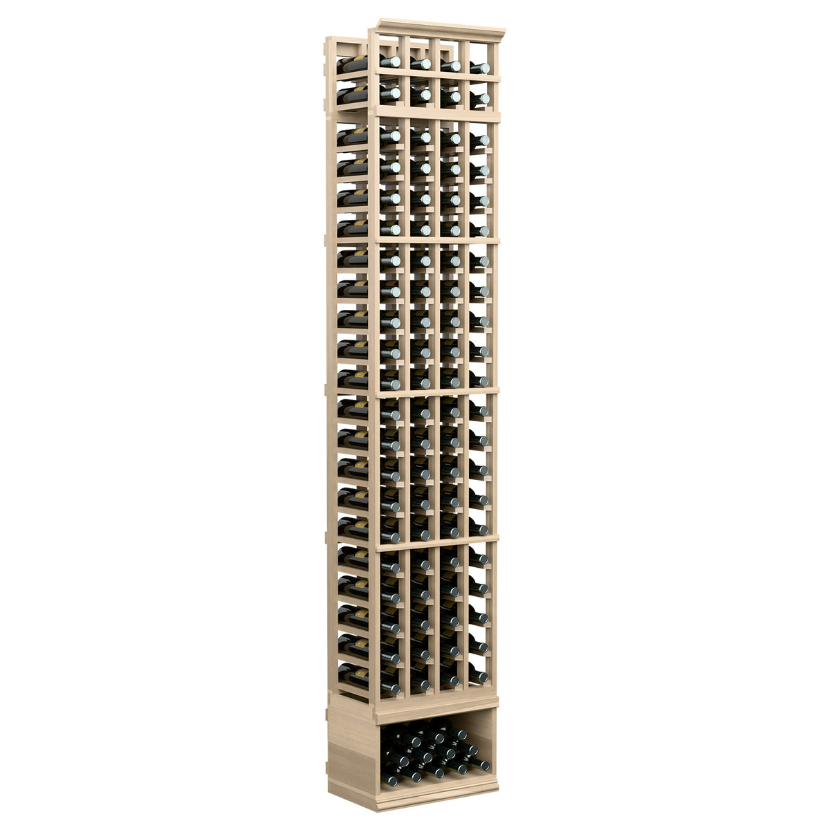 Light wood wine bottle storage rack, 4 columns of open slots, with base bottle tray