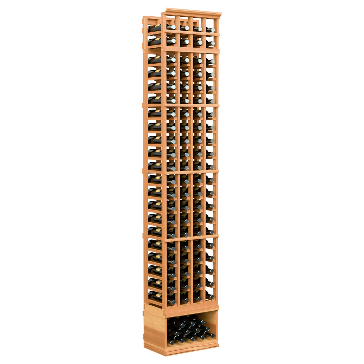 Red-toned wood 4-column wine bottle rack with grid slots and lower bottle tray