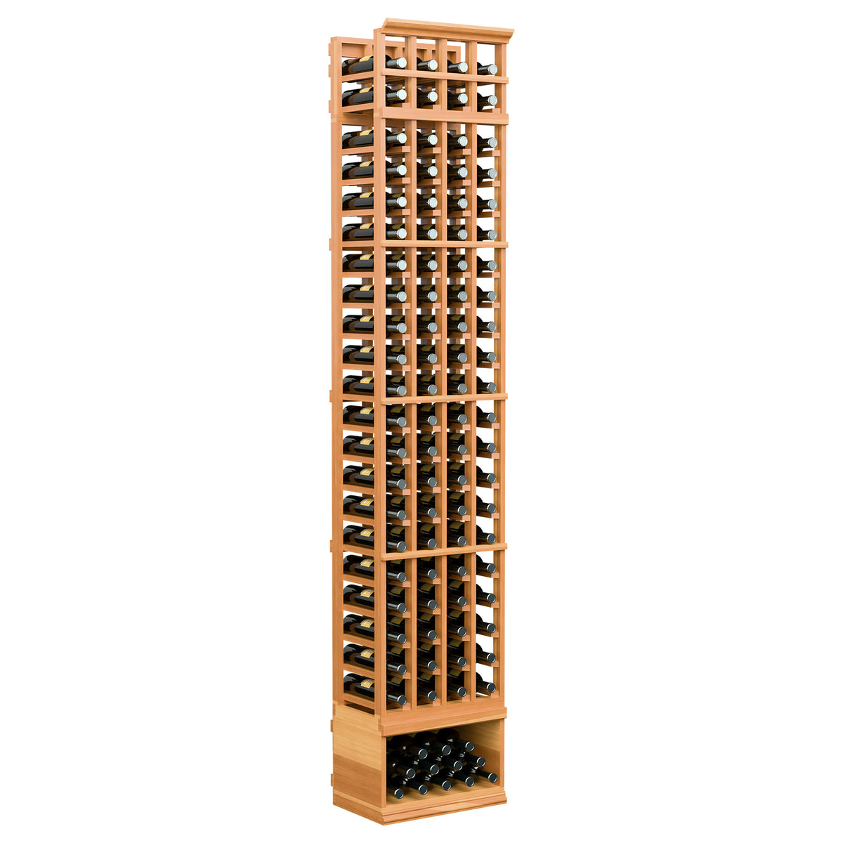 Warm red wood wine bottle rack featuring 4 columns of bottle slots and a base tray