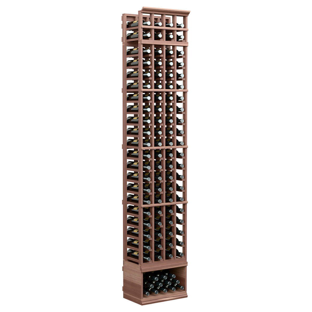 Gray-stained wood 4-column wine bottle rack with open grid slots and bottom tray